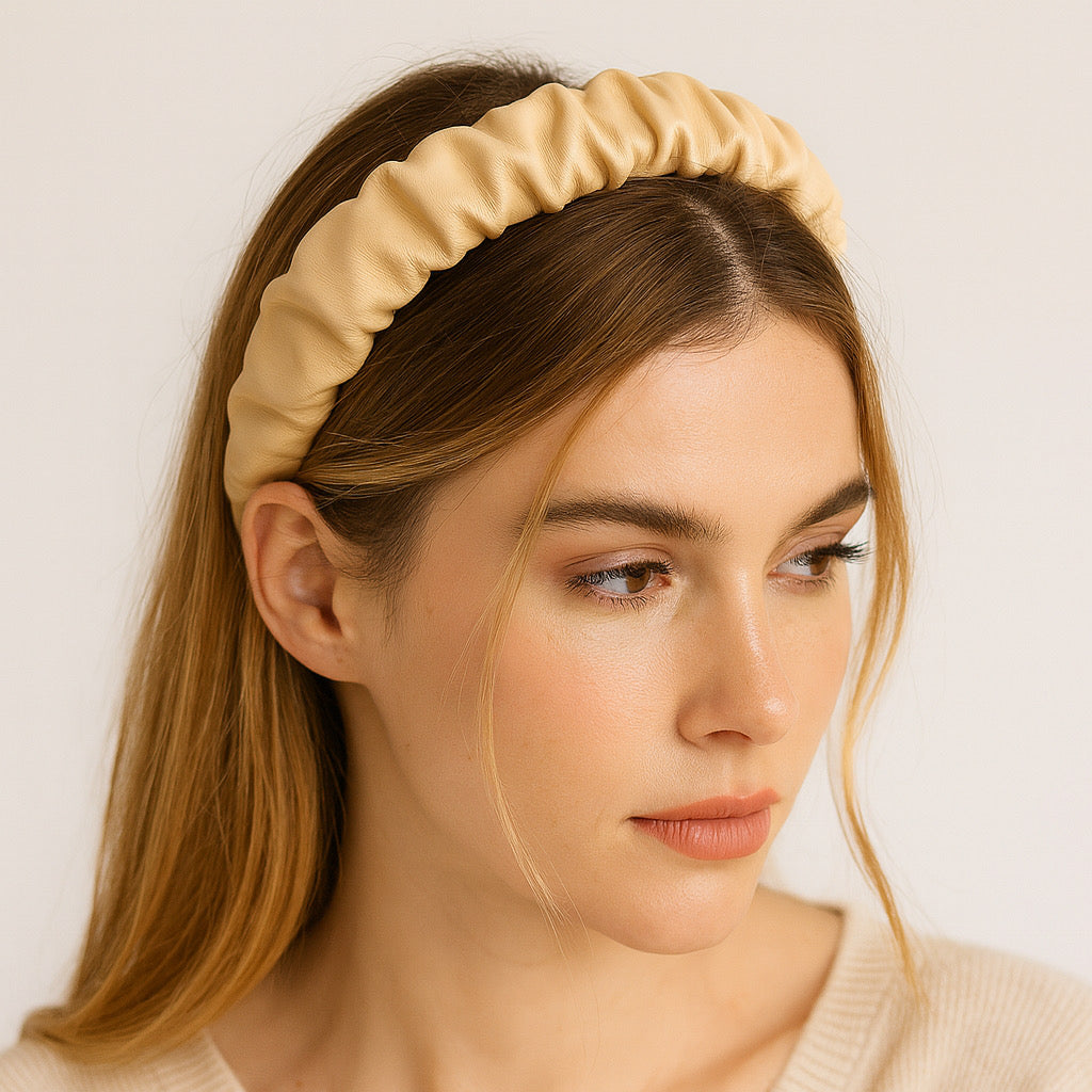 Women wearing cream PU leather ruched headband close-up indoor portrait