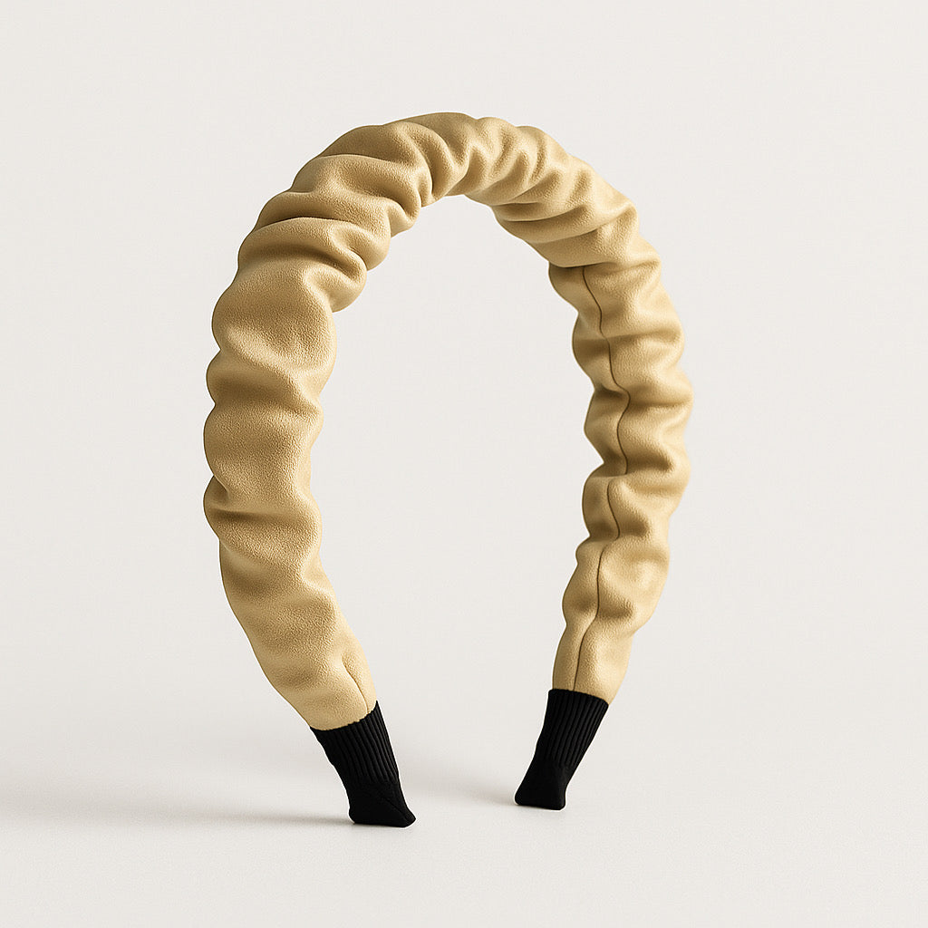 Side view of cream PU leather ruched headband with textured finish