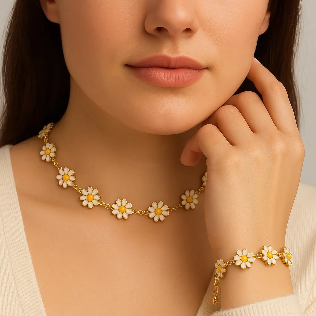 PaulaB Daisy Bloom Bracelet and Necklace set - matching gold daisy jewellery, studio close-up, Australia NZ UK.