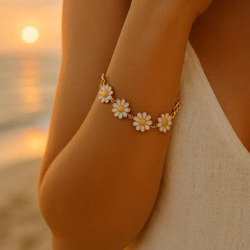PaulaB Daisy Bloom Bracelet styled at sunset - feminine gold daisy bracelet, beach jewellery Australia New Zealand UK.
