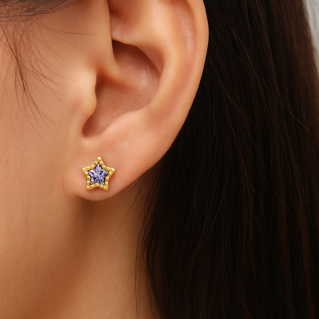 Purple crystal star earrings in gold tone sterling silver, elegant tiny studs by PaulaB Jewellery Sydney.