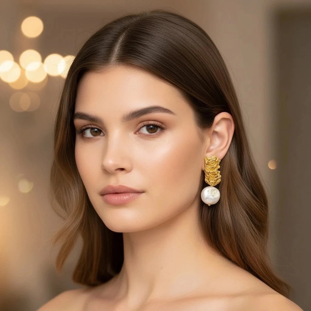 Elegant evening look featuring PaulaB Eclat de Perle Earrings gold plated pearls. French inspired jewellery Australia New Zealand England.