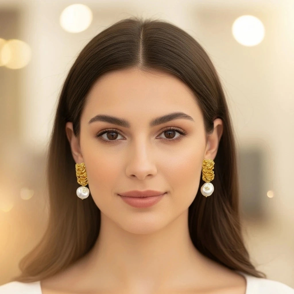 Model wearing PaulaB Eclat de Perle Earrings- 22k hold plated freshwater pearl in Parisian style. Luxury Jewellery Australia New Zealand UK.