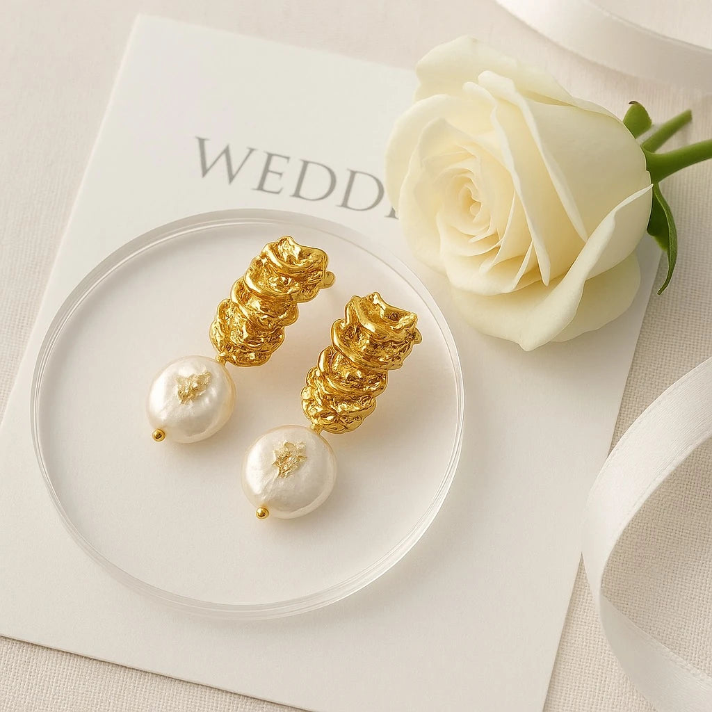PaulaB Eclat de Perle Earrings styled as bridal gift on wedding card 22k gold plated freshwater pearl jewellery Australia NZ UK. 