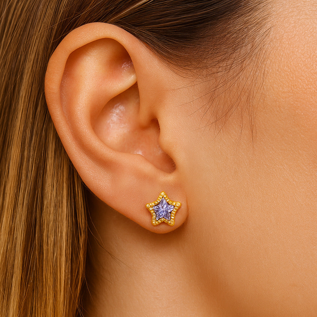 High-quality sterling silver star stud earrings with purple stone and gold plating, PaulaB Jewellery Sydney Australia,