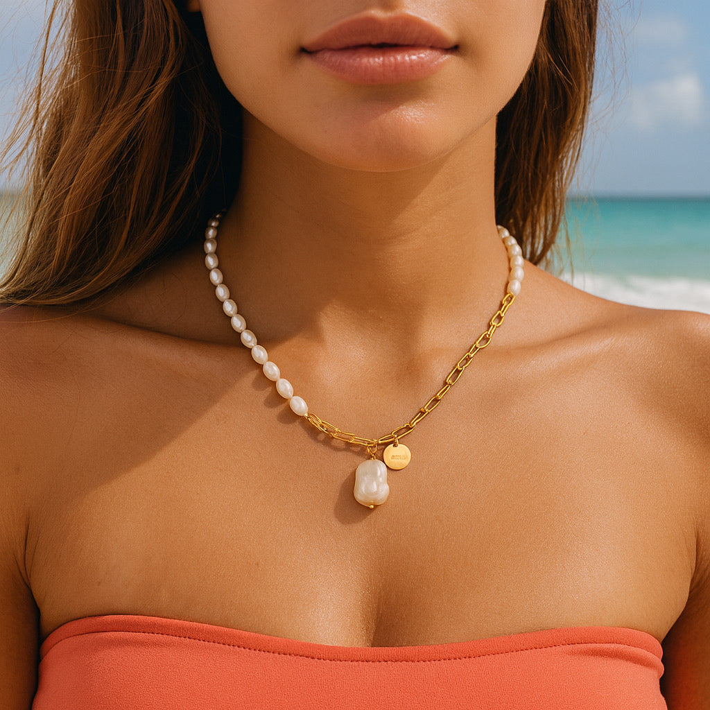 Close-up of PaulaB freshwater pearl necklace with 18k gold plating and lobster clasp — AU/NZ jewellery