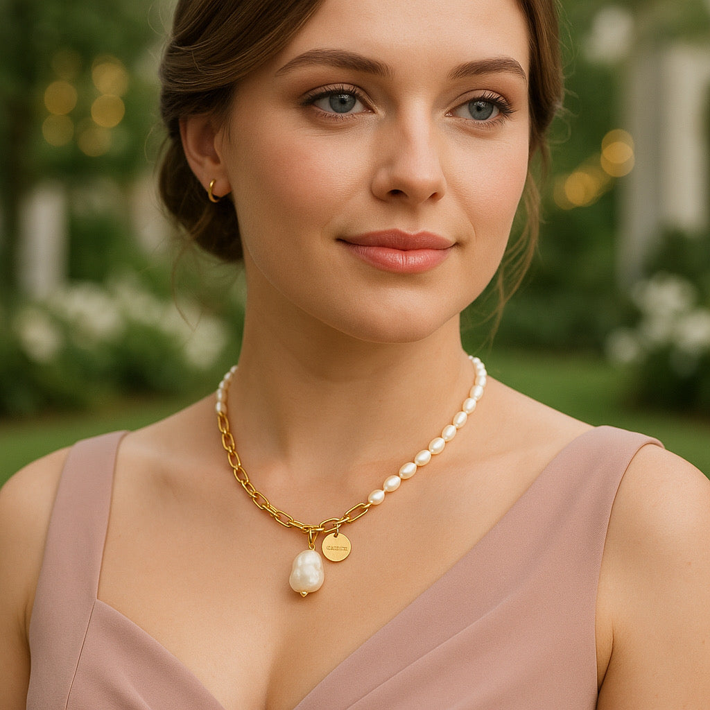Bridal styling with PaulaB Pearl & Gold Chain Necklace featuring pearls and baroque pendant — AU/NZ jewellery