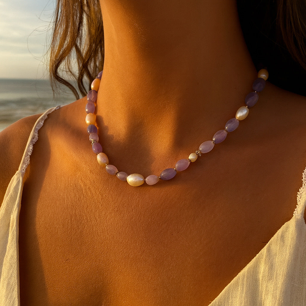 Close-up sunset shot of PaulaB lavender purple freshwater pearl necklace Australia.