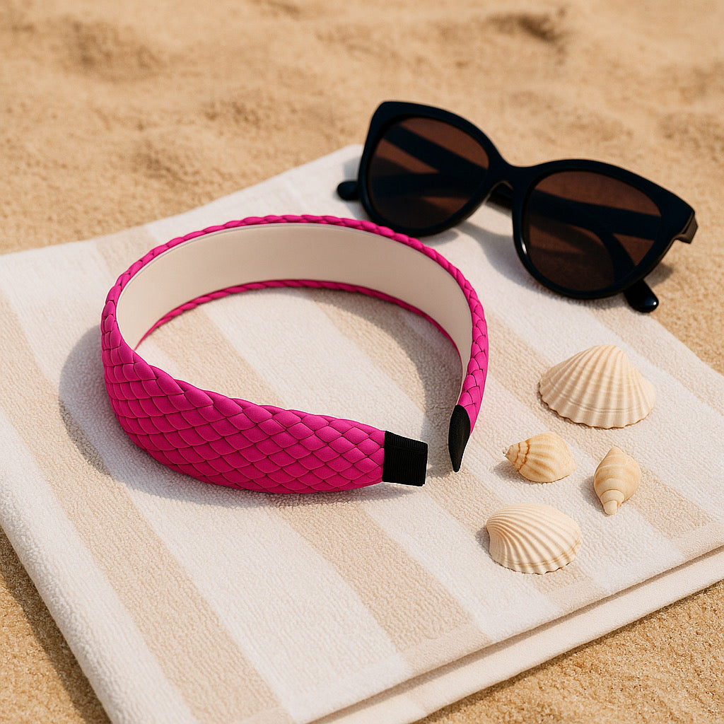 Fuchsia pink PU leather braided headband styled with sunglasses and seashells on beach towel.