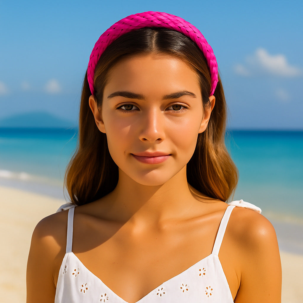 Model wearing fuchsia pink PU leather braided headband at the beach summer fashion accessory.