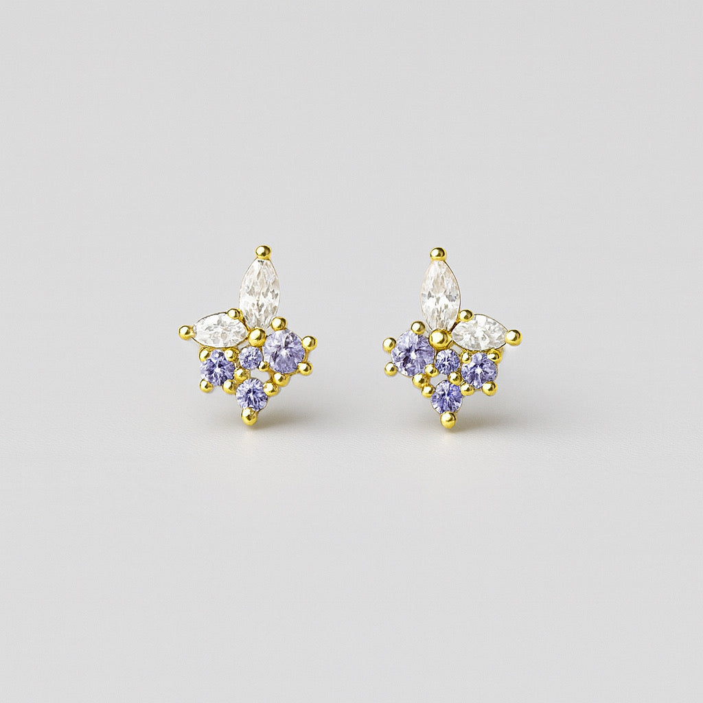 PaulaB 14k gold plated floral stud earrings with purple and white cubic zirconia- Sydney Australia jewelry.
