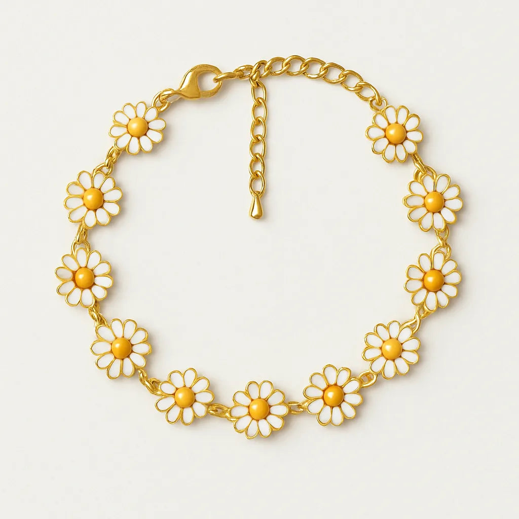 PaulaB Daisy Bloom Bracelet hero studio image - gold daisy charm bracelet for women, floral jewellery Australia New Zealand UK.