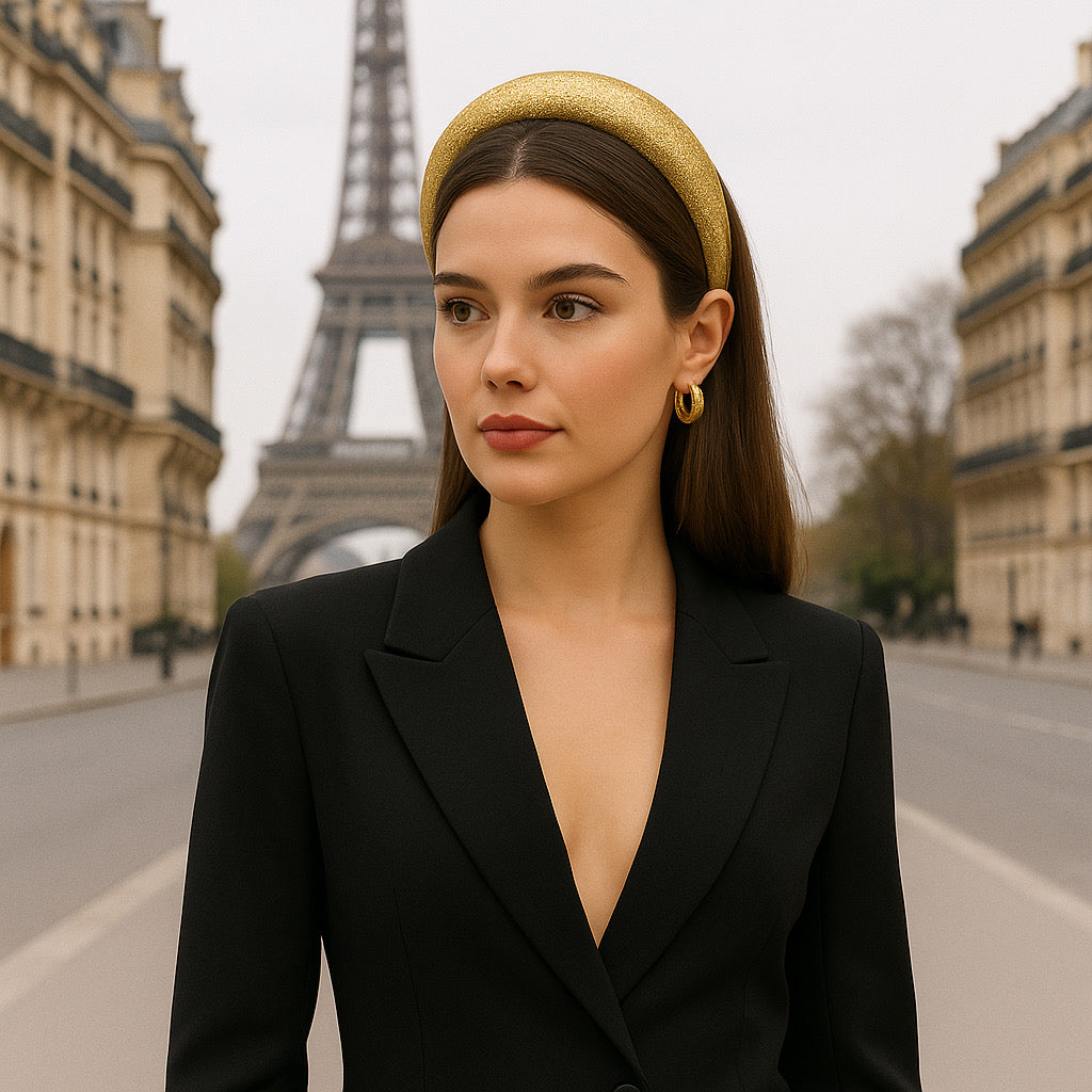 PaulaB gold glitter headband styled on model in Paris Street, chic fashion accessory.