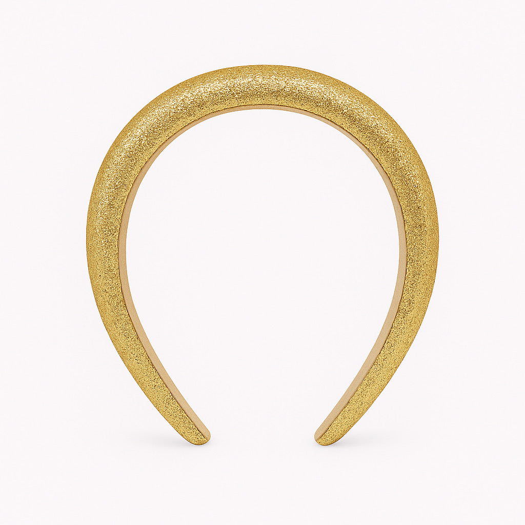 Front view of PaulaB gold glitter crown headband, elegant sparkle hair accesory.