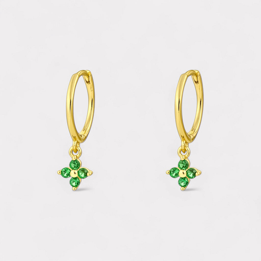 PaulaB gold-plated sterling silver clover hoop earrings with emerald, green crystals- Sydney Australia.