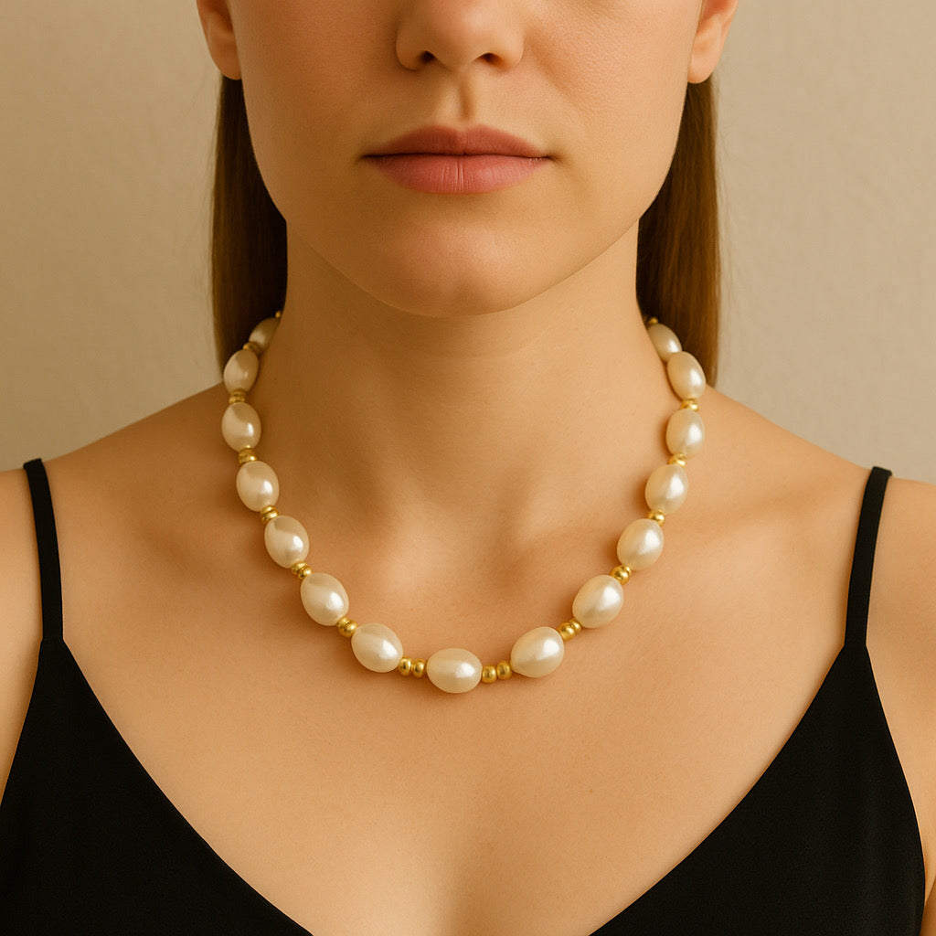 Model wearing PaulaB Golden Pearl Elegance Necklace, freshwater pearls necklace with 18k gold beads, front view — Australia fashion jewellery
