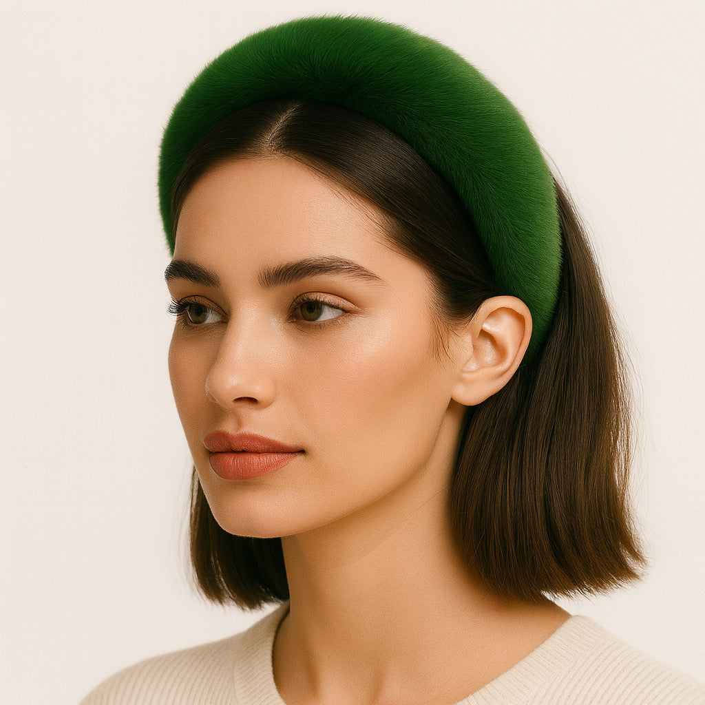 Model wearing PaulaB green rabbit fur headband close-up