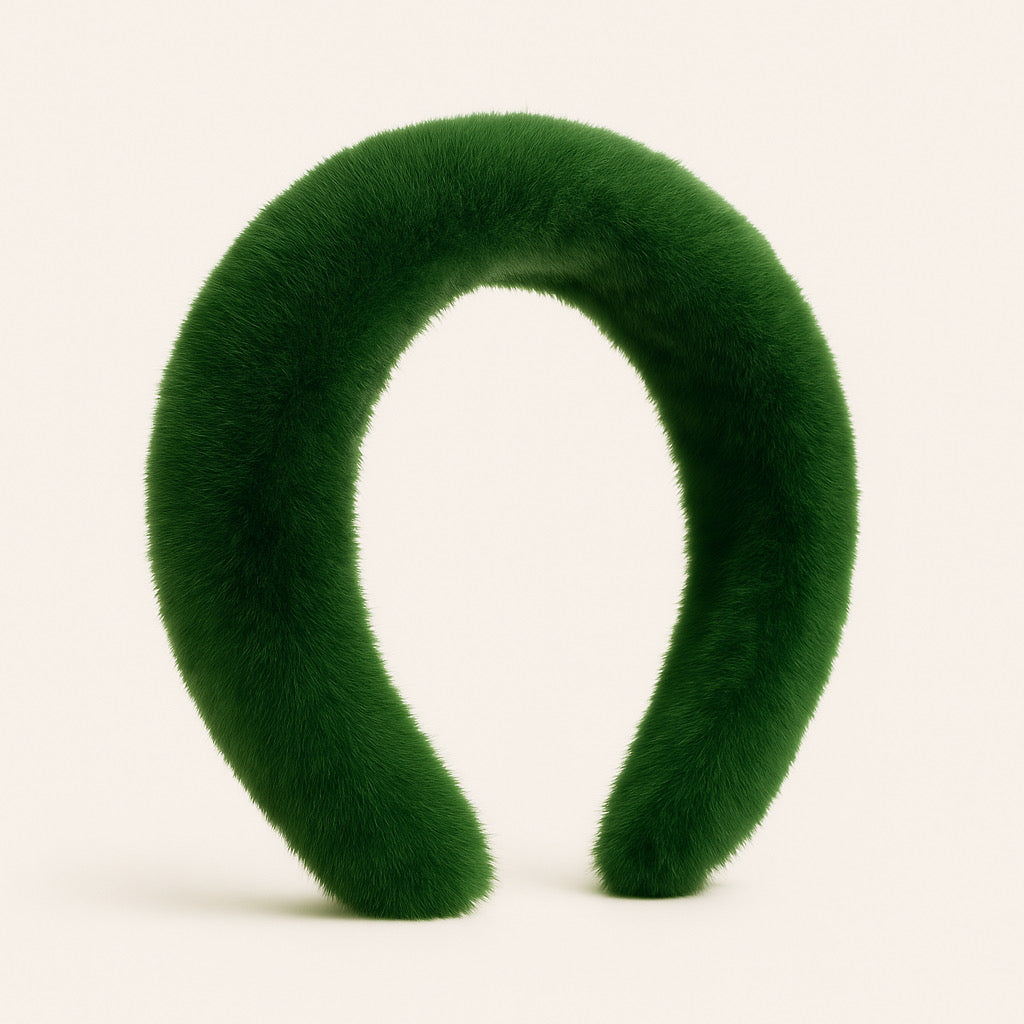 Front view of PaulaB luxurious green rabbit fur headband.
