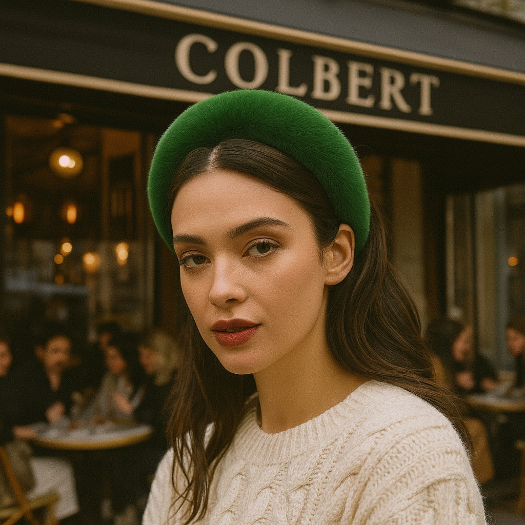 Paris cafe lifestyle photo with PaulaB green fur headband.