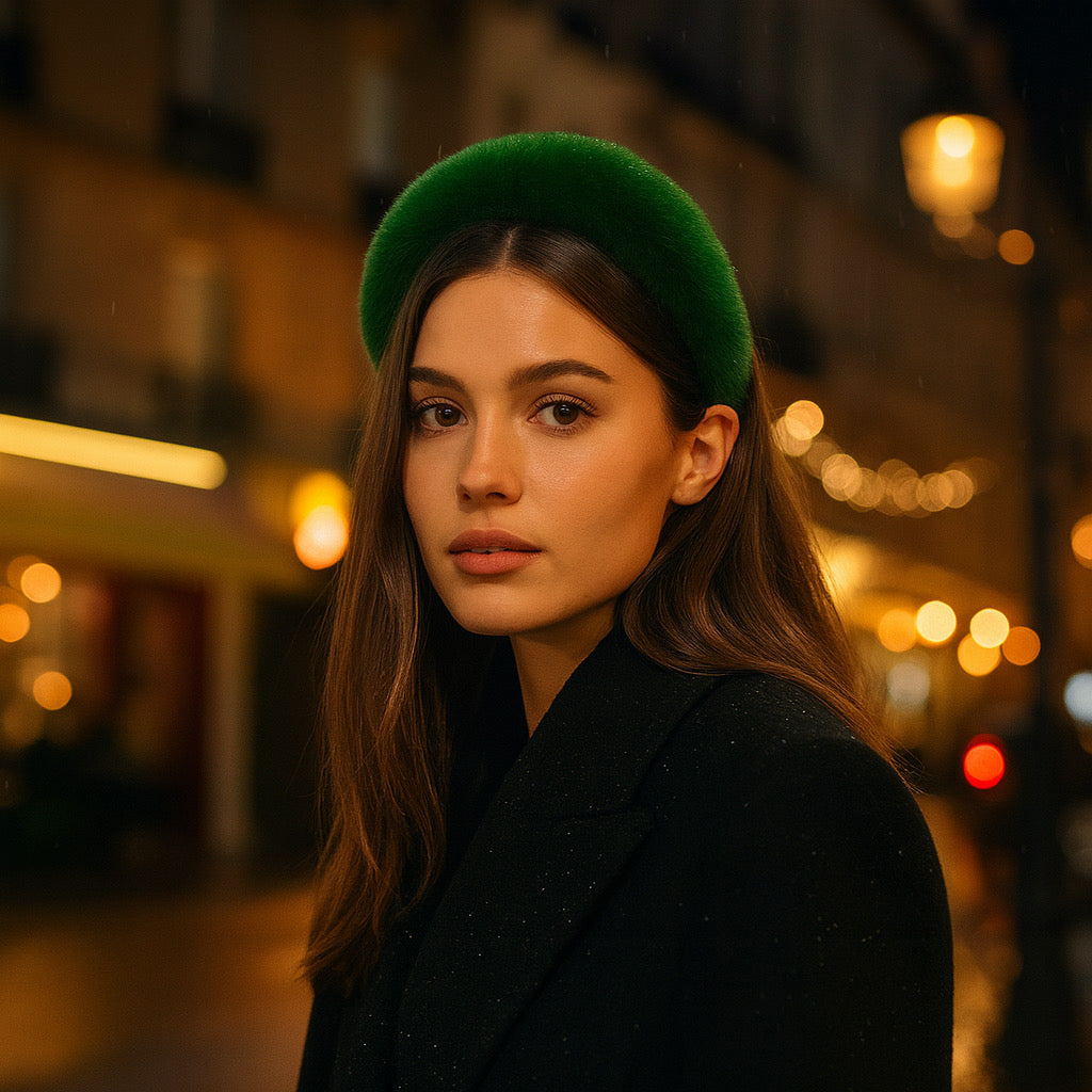 Elegant Paris night street look wearing PaulaB rabbit fur headband.