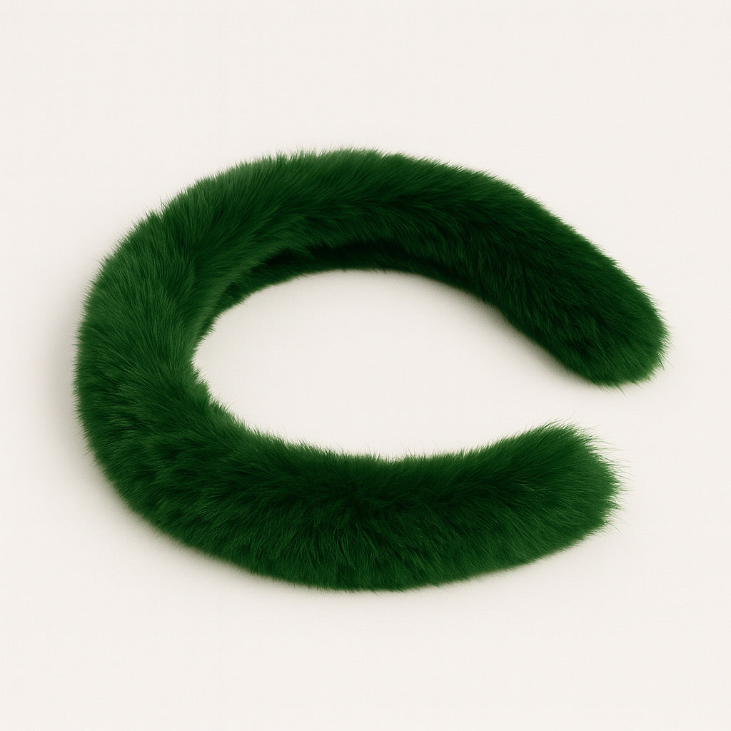 Side angle of PaulaB green rabbit fur winter headband.