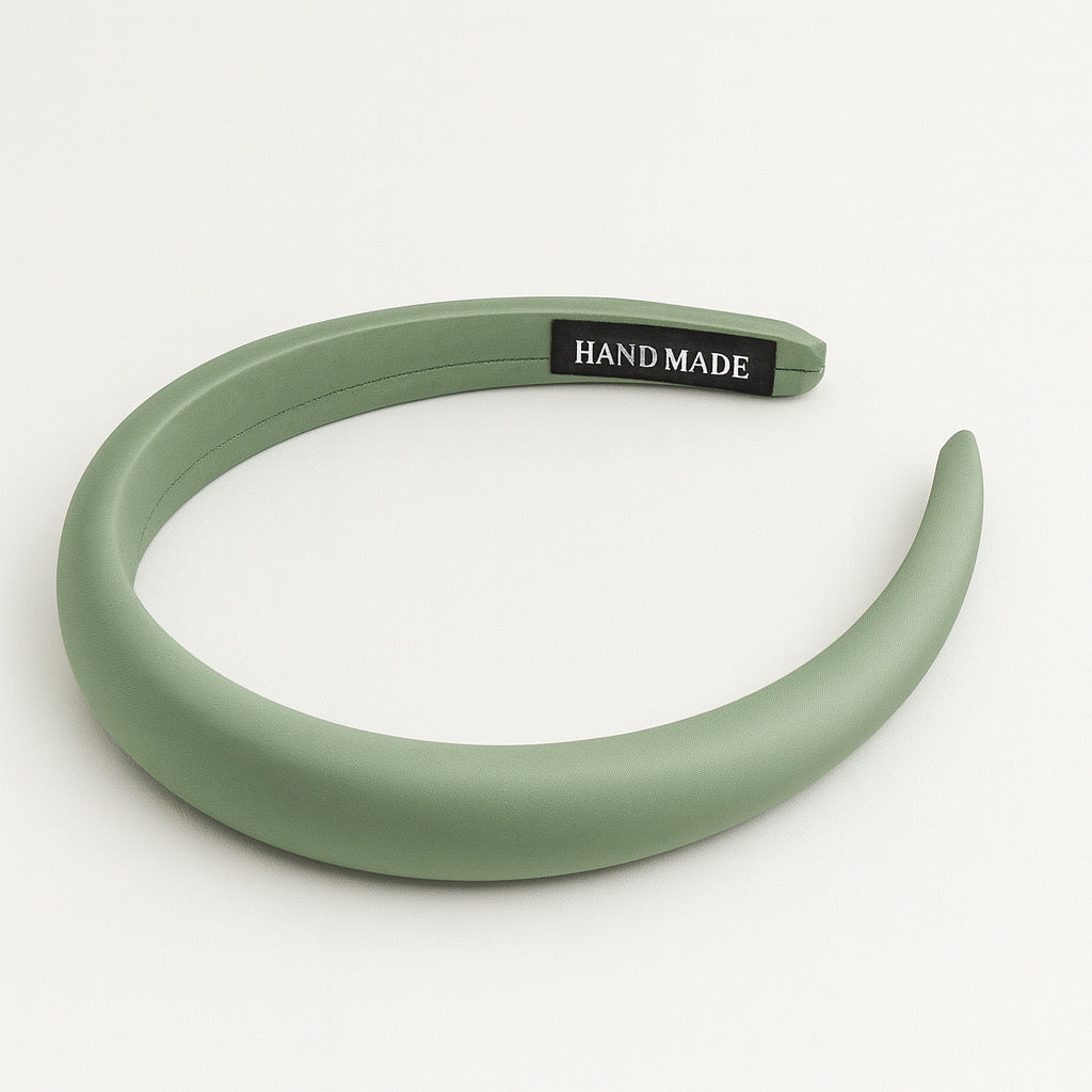 Sage green PaulaB satin headband handmade with soft sponge cushion