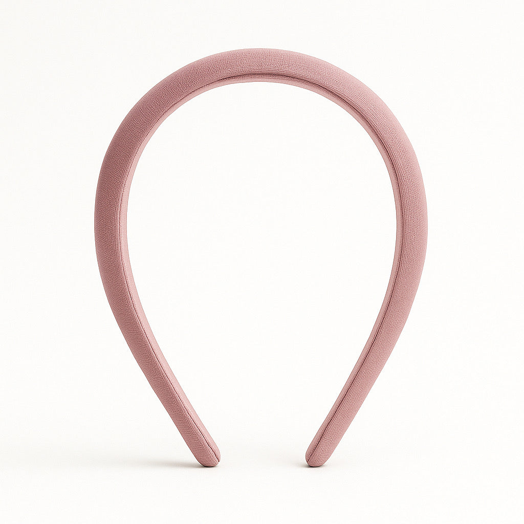 PaulaB handmade satin headband in dusty rose pink front view