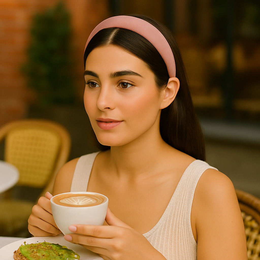 Women wearing PaulaB dusty rose satin headband at brunch cafe
