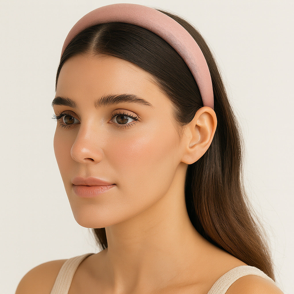 Model wearing PaulaB dusty rose satin headband close-up studio light