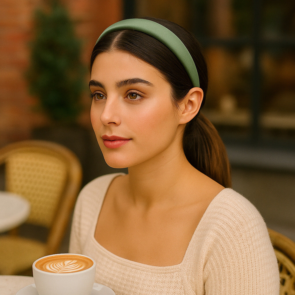 Woman wearing PaulaB sage green satin headband in cafe setting