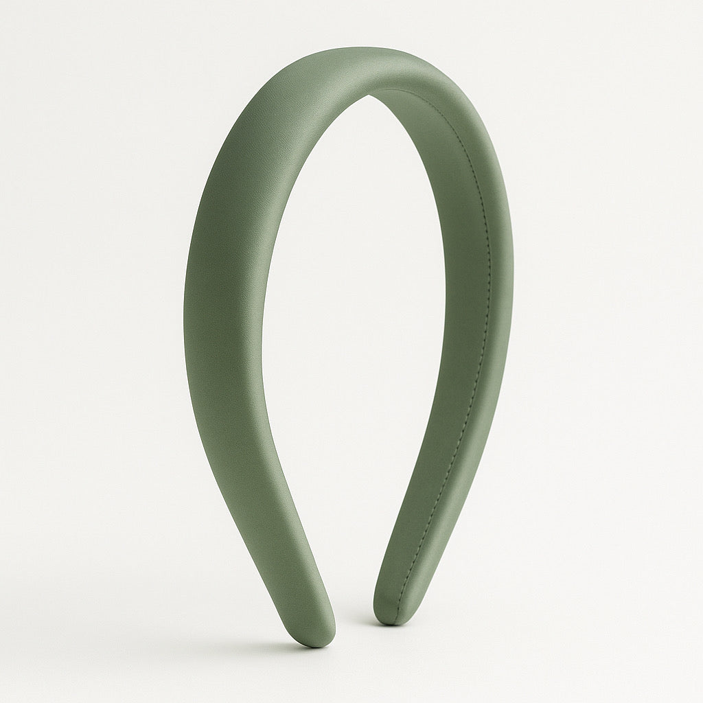 PaulaB handmade satin headband in sage green front angle