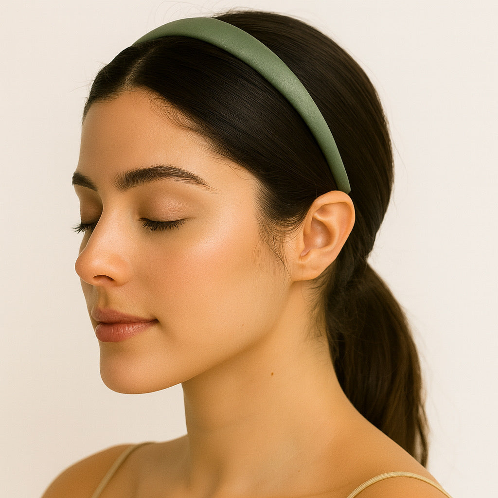 PaulaB satin headband in sage green elegant handmade hair accessory