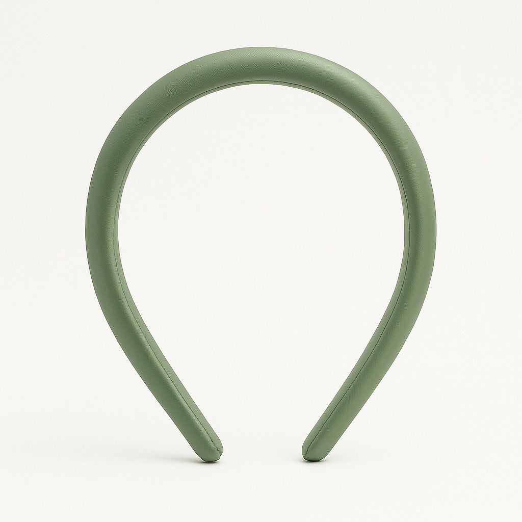 Handmade PaulaB satin fabric headband in sage green semi glossy
