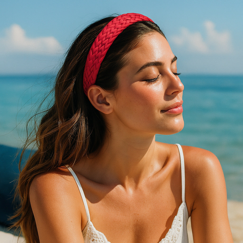 Model wearing hot red PU leather braided headband at the beach chic summer hair accessory.