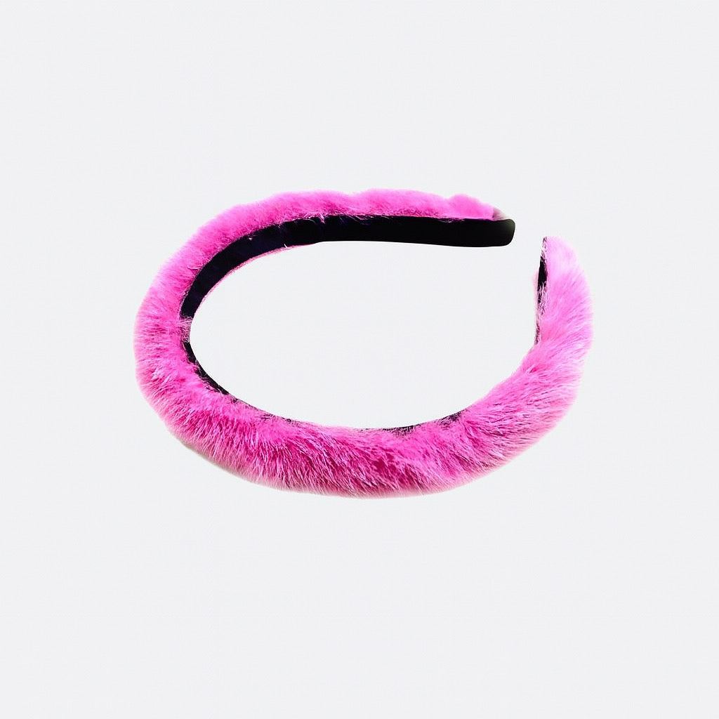PaulaB thin hot pink rabbit fur headband sleek side angle