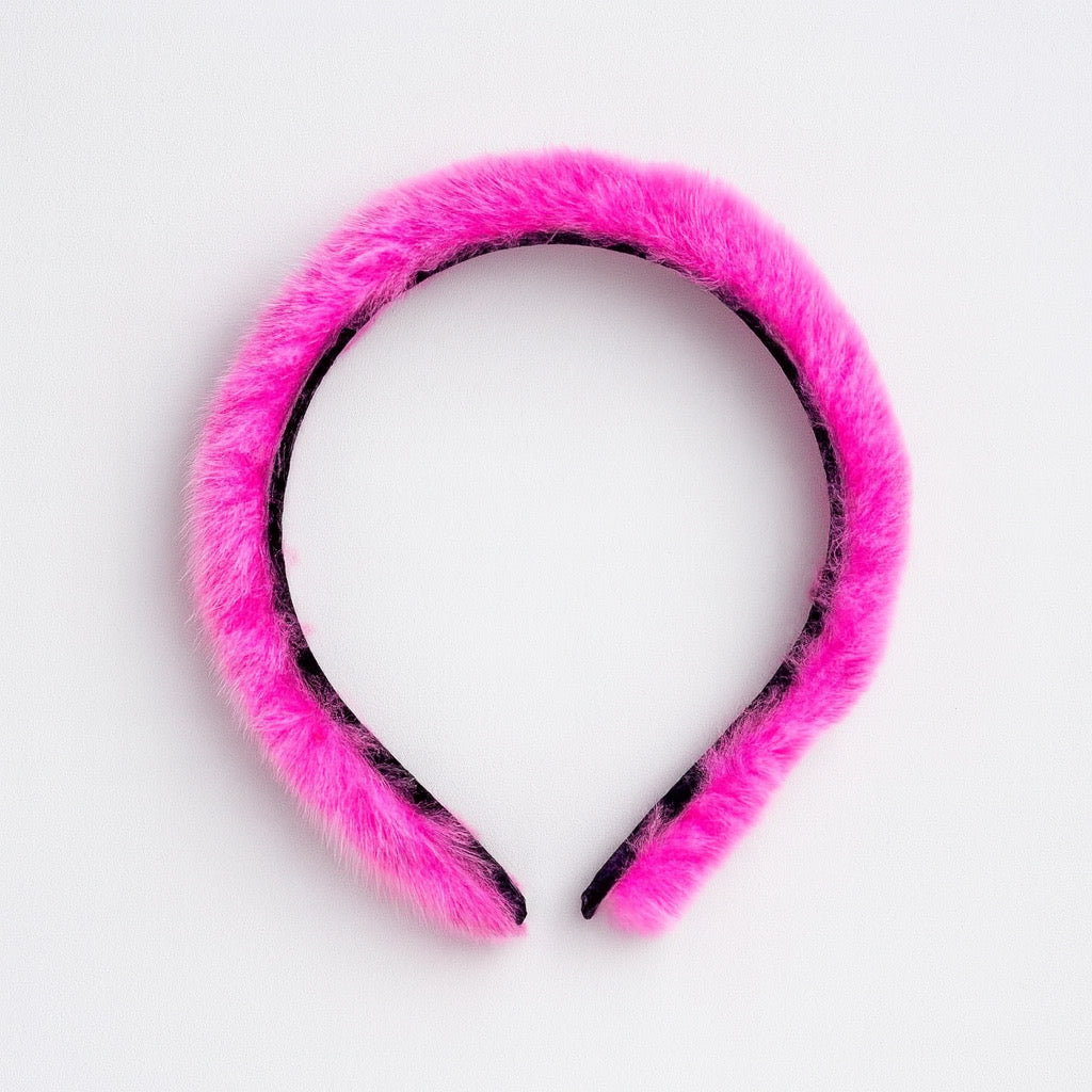 PaulaB hot pink rabbit fur thin headband top flat view