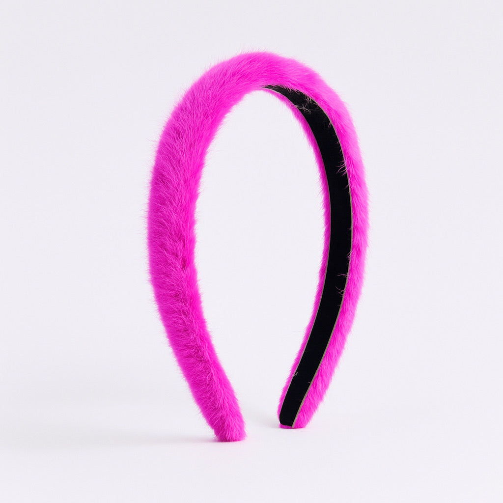 PaulaB hot pink rabbit fur thin headband in standing display view