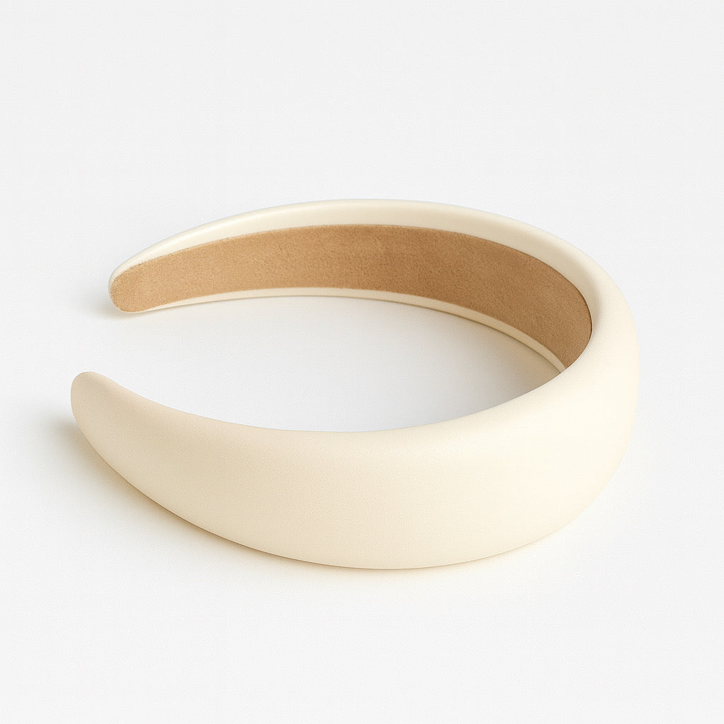 PaulaB ivory bridal headband in vegan PU leather, medium cushion, fat lay style.