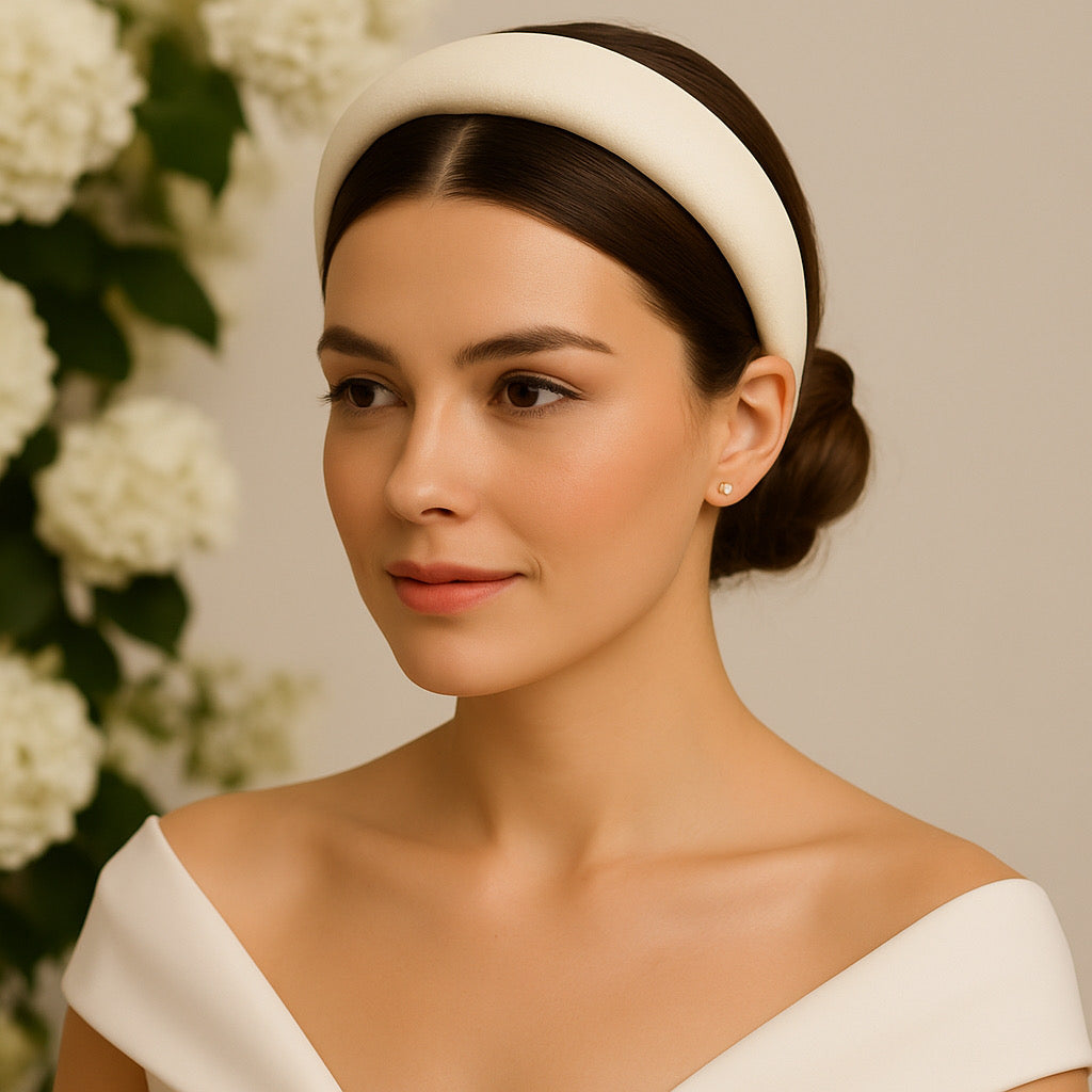 Model with updo hairstyle wearing PaulaB bridesmaid headband, ivory vegan PU leather.