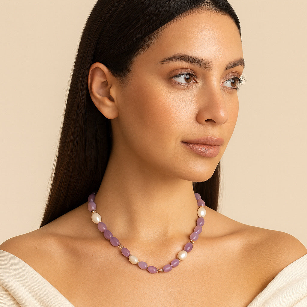 PaulaB jewellery model showcasing lvender purple natural stone and pearl necklace Australia.