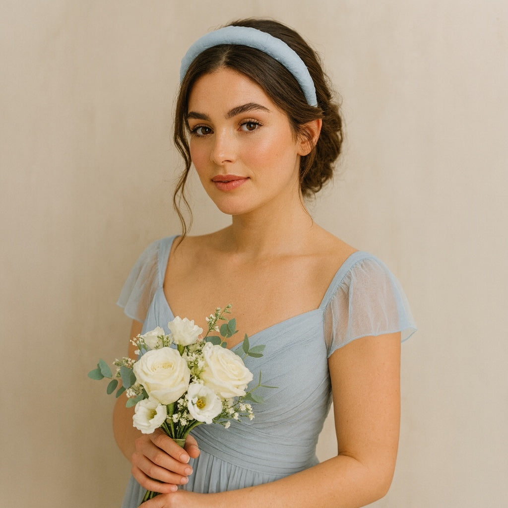 Model wearing PaulaB light blue chiffon headband in elegant bridal look with bouquet