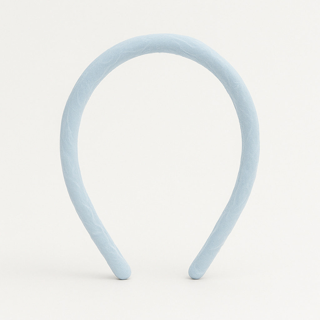 PaulaB handmade light blue chiffon headband front standing view with cushion design