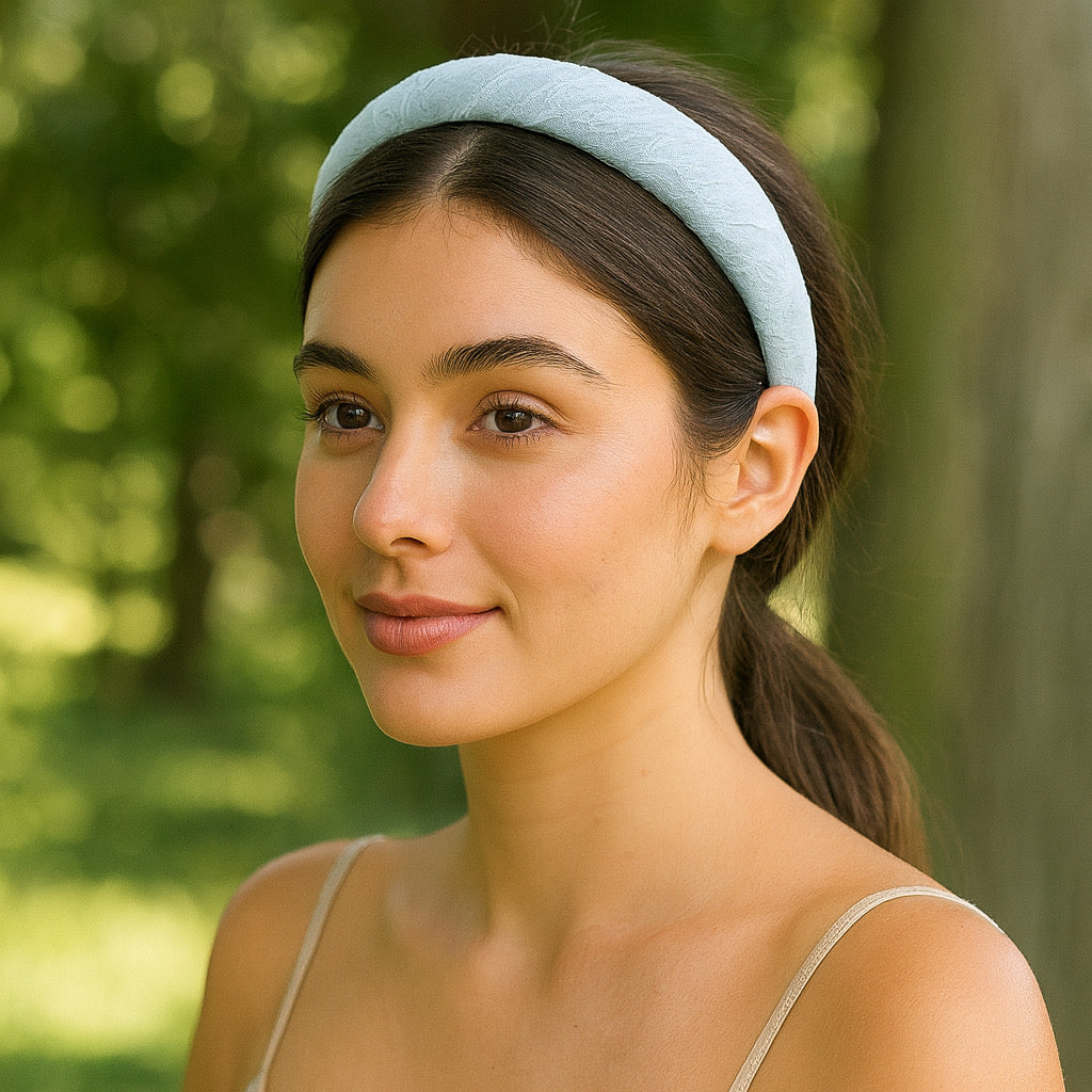 Model wearing PaulaB handmade light blue chiffon headband chic outdoor lifestyle style