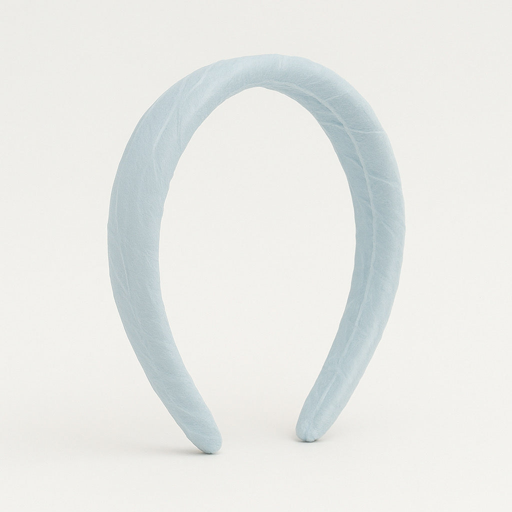 PaulaB light blue chiffon headband elegant handmade cushioned side profile view