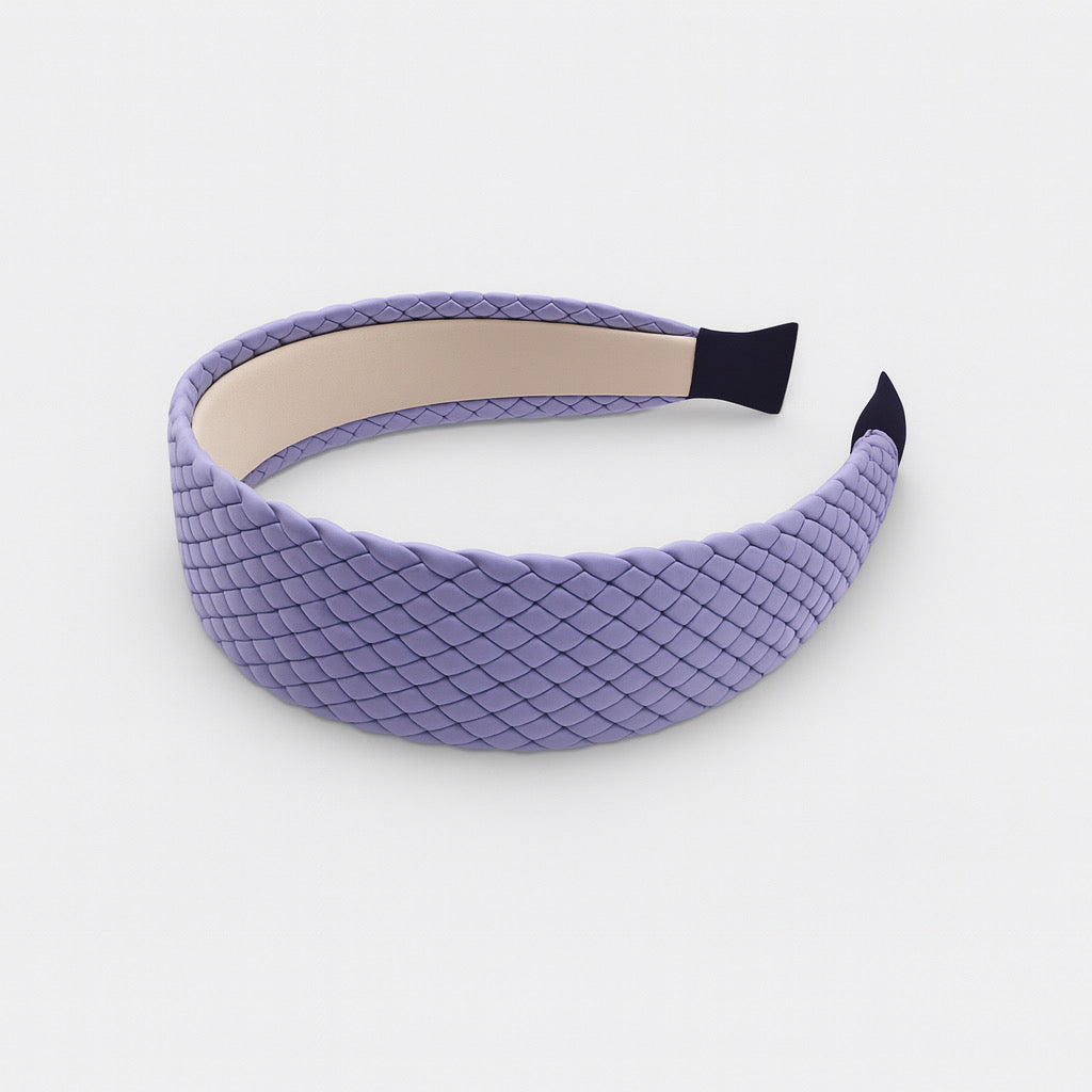 Lilac purple woven PU leather headband displayed flat chic women's hair accessory.