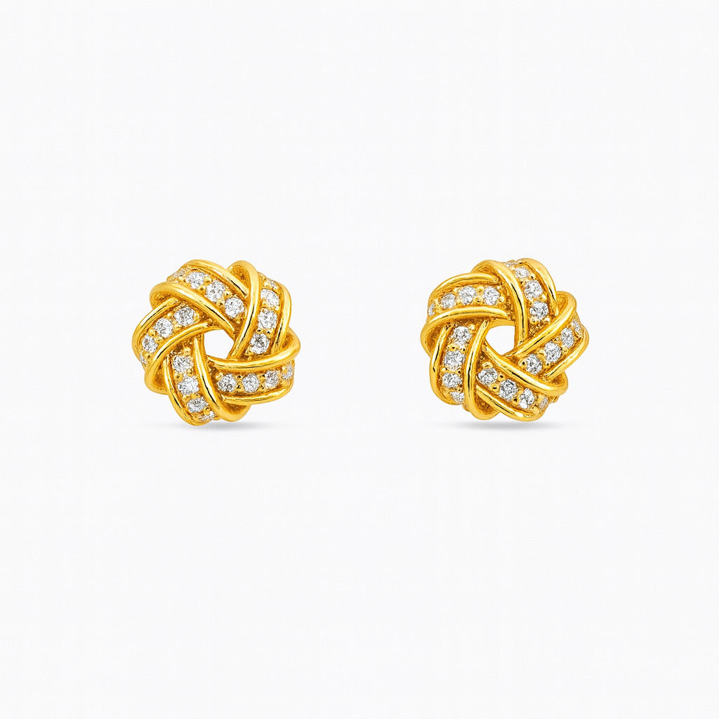 PaulaB love-knot zircon stud earrings, 14k gold-plated sterling silver, front view.