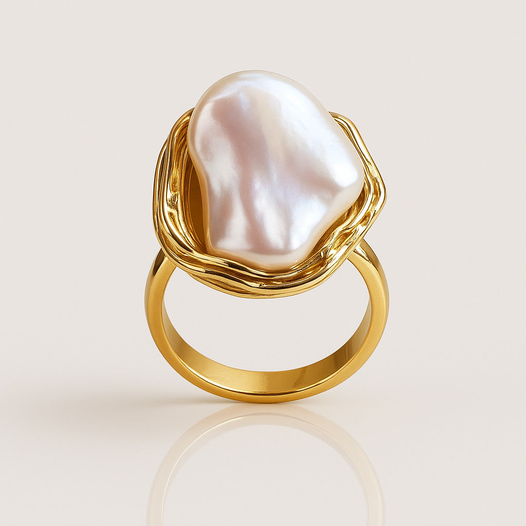 Front view of PaulaB Lumina Bloom Ring with lustrous baroque-style pearl in organic gold setting, Australian jewellery design