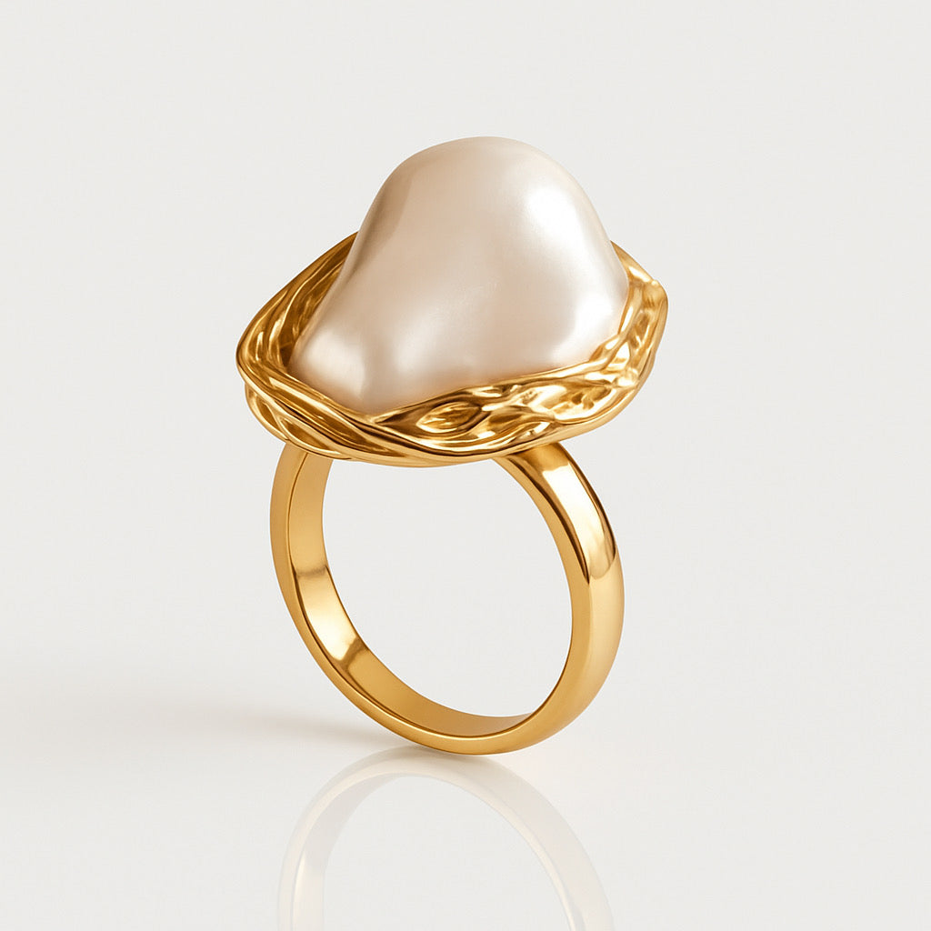 PaulaB Lumina Bloom - 14k gold-plated stainless steel with baroque pearl, angled studio shot, Australia jewellery