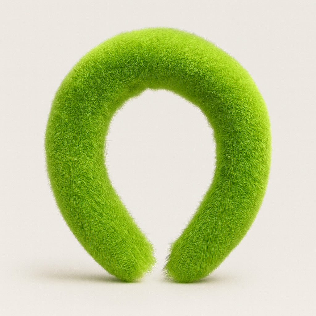 PaulaB luxury real rabbit fur headband in lime green front view.