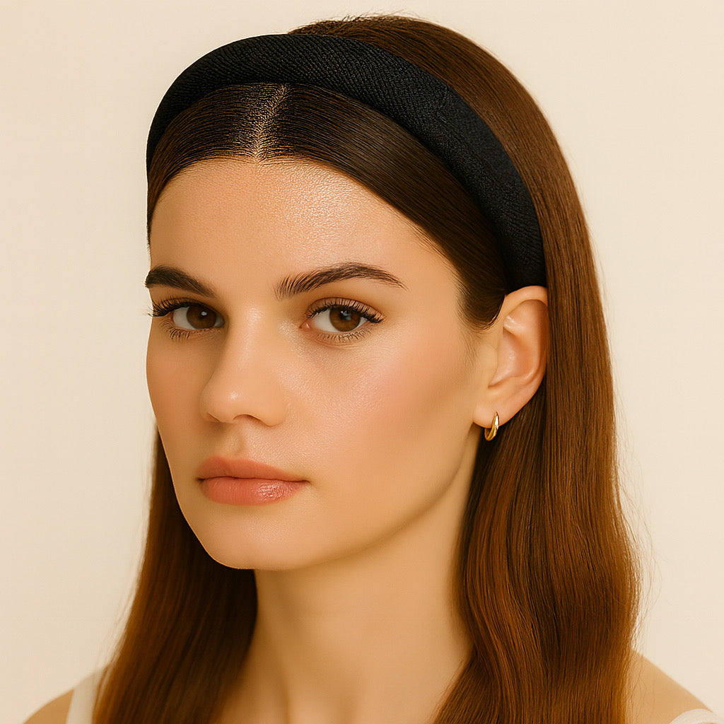 Pretty model wearing PaulaB black headband close-up stylish handmade hair accessory for everyday wear.